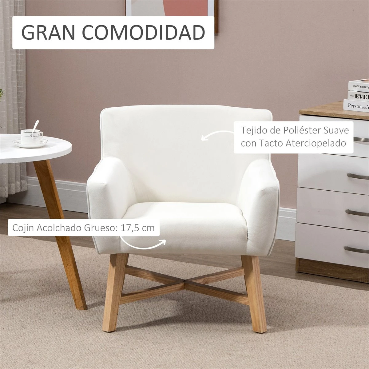 HOMCOM Butaca De Salón Tapizada En Terciopelo Sillón Relax Moderno Con Asiento Reposabrazos Acolchados Patas De Madera Y Base Cruzada Para Dormitorio 67x65x74 Cm Blanco 6 HOMCOM Butaca De Salón Tapizada En Terciopelo Sillón Relax Moderno Con Asiento Reposabrazos Acolchados Patas De Madera Y Base Cruzada Para Dormitorio 67x65x74 Cm Blanco - Imagen 4