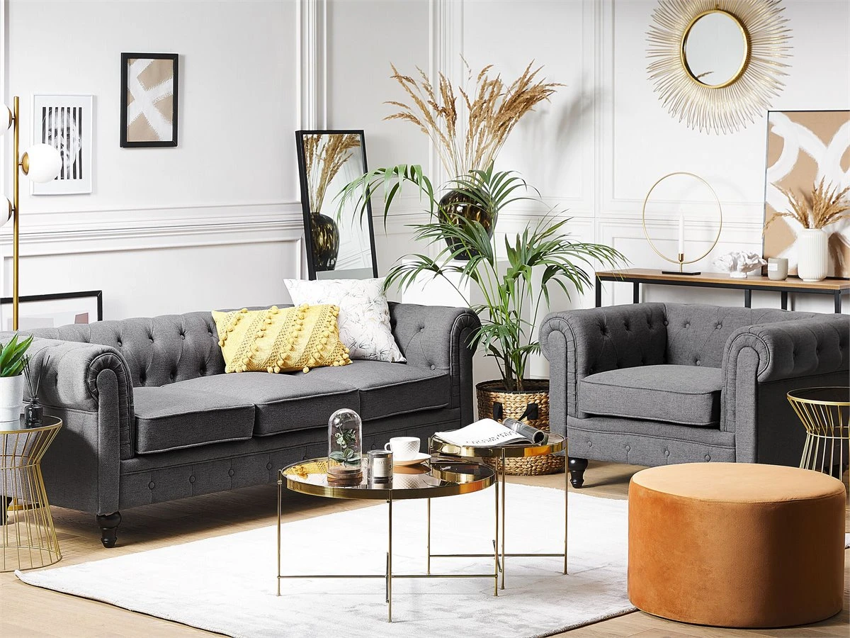 Conjunto De Sala De Estar 4 Plazas Gris CHESTERFIELD 3 Conjunto De Sala De Estar 4 Plazas Gris CHESTERFIELD