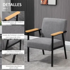 HOMCOM Butaca De Salón Sillón Decorativa Moderna Tapizado En Poliéster Con Reposabrazos De Madera Y Patas De Acero Para Cocina Oficina Dormitorio 64,5x70x83,5 Cm Gris -Mimoso Sofa Ventas 249037f6d2b5e3cdf65af24bea3162dff6df438b d0d3f692506b494ebacb91a69fd8efa2
