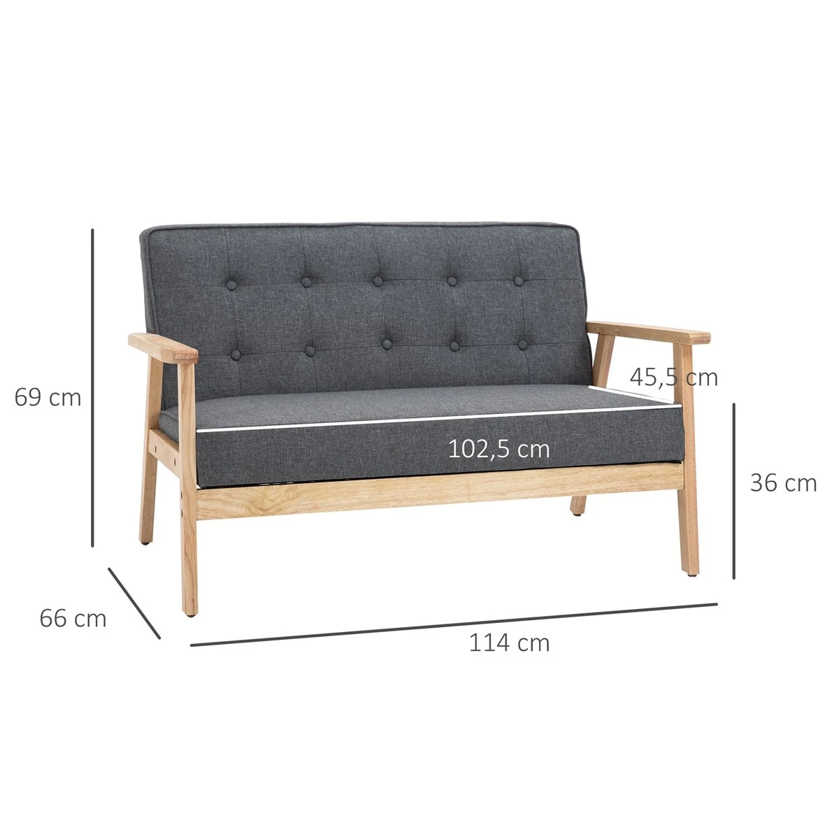 HOMCOM Sofá De 2 Plazas Con Respaldo Y Cojines Acolchados Patas De Madera Antideslizantes Botones Con Mechones Salón Dormitorio Oficina 114x66x69 Cm Gris 5 HOMCOM Sofá De 2 Plazas Con Respaldo Y Cojines Acolchados Patas De Madera Antideslizantes Botones Con Mechones Salón Dormitorio Oficina 114x66x69 Cm Gris - Imagen 3
