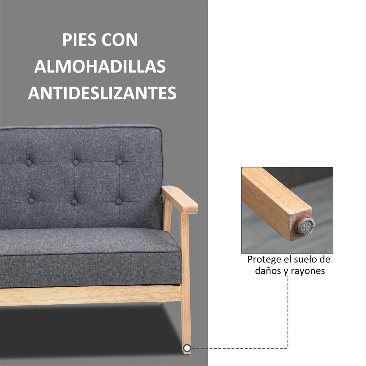 HOMCOM Sofá De 2 Plazas Con Respaldo Y Cojines Acolchados Patas De Madera Antideslizantes Botones Con Mechones Salón Dormitorio Oficina 114x66x69 Cm Gris 7 HOMCOM Sofá De 2 Plazas Con Respaldo Y Cojines Acolchados Patas De Madera Antideslizantes Botones Con Mechones Salón Dormitorio Oficina 114x66x69 Cm Gris - Imagen 5