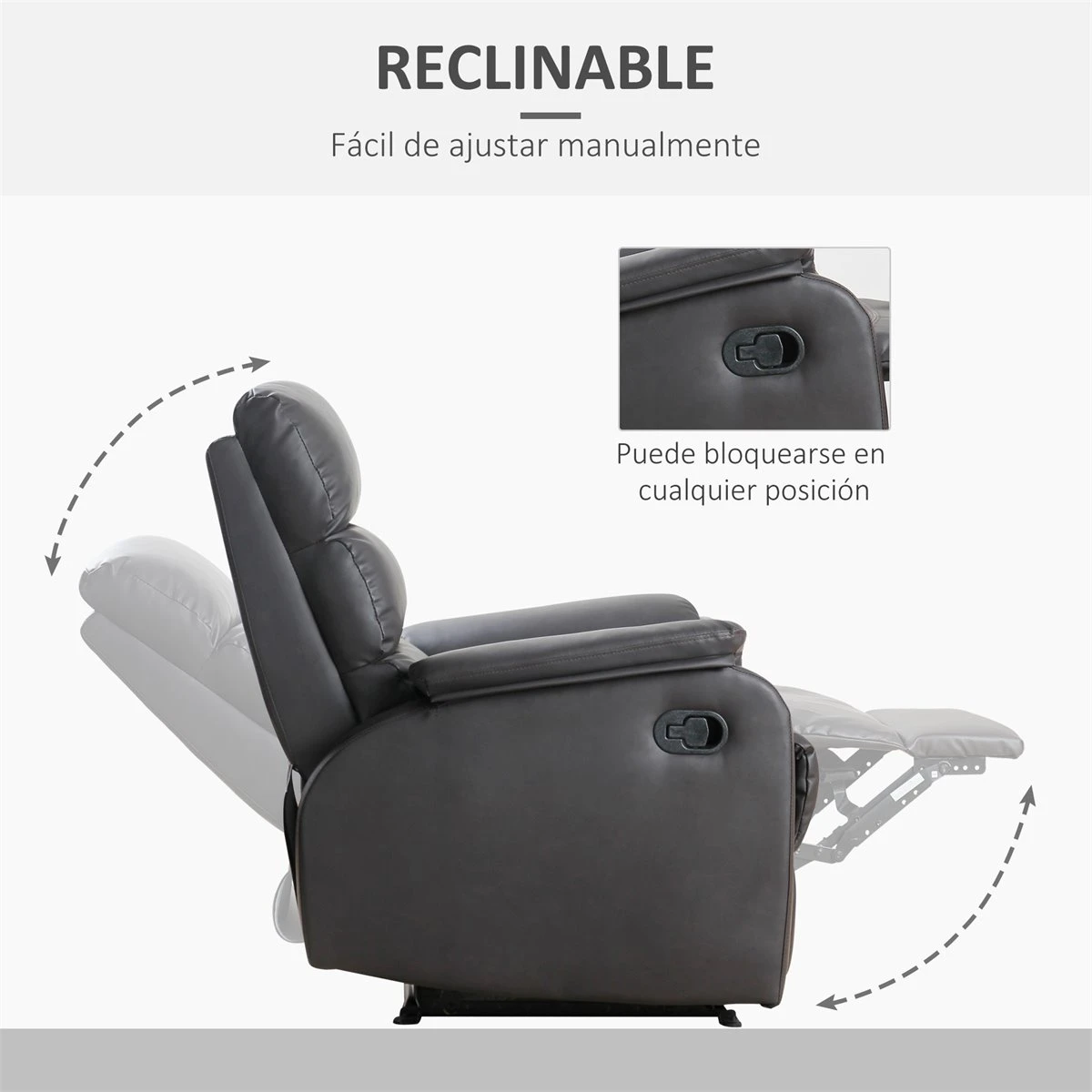 HOMCOM Sillón Relax Reclinable Manual Tapizado En PU Con Reposapiés Retráctil Asiento Y Respaldo Extra Acolchados Para Salón Oficina Dormitorio 75x92x99 Cm Marrón 6 HOMCOM Sillón Relax Reclinable Manual Tapizado En PU Con Reposapiés Retráctil Asiento Y Respaldo Extra Acolchados Para Salón Oficina Dormitorio 75x92x99 Cm Marrón - Imagen 4
