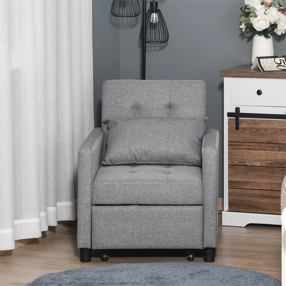 HOMCOM Sofá Cama Individual Sillón Con Respaldo Reclinable Cojín Desenfundable Asiento Acolchado Y 4 Ruedas 69x77x84 Cm Gris 4 HOMCOM Sofá Cama Individual Sillón Con Respaldo Reclinable Cojín Desenfundable Asiento Acolchado Y 4 Ruedas 69x77x84 Cm Gris - Imagen 2