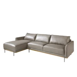 Sofá Chaise Longue (L) Tapizado En Piel De Origen Vacuno Color Gris Oscuro Con Base En Madera De Haya Vaporizada. Estructura De Patas En Acero Macizo Inoxidable Oscurecido.