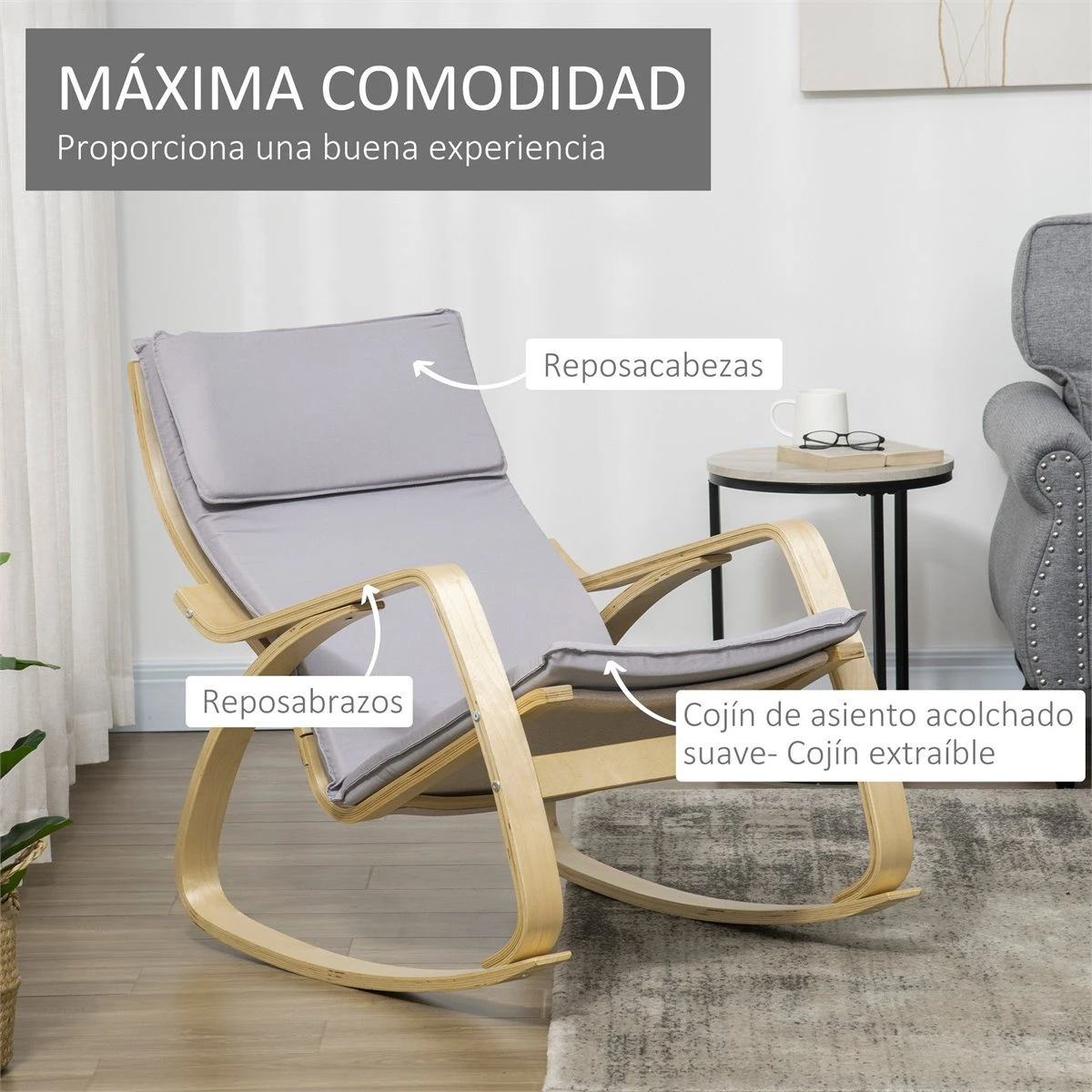 HOMCOM Silla Mecedora Tapizada En Tela Sillón Balancín Relax Con Cojín Desenfundable Reposabrazos Y Pies De Madera De Abedul Para Salón Dormitorio 67x97x84 Cm Gris 7 HOMCOM Silla Mecedora Tapizada En Tela Sillón Balancín Relax Con Cojín Desenfundable Reposabrazos Y Pies De Madera De Abedul Para Salón Dormitorio 67x97x84 Cm Gris - Imagen 5