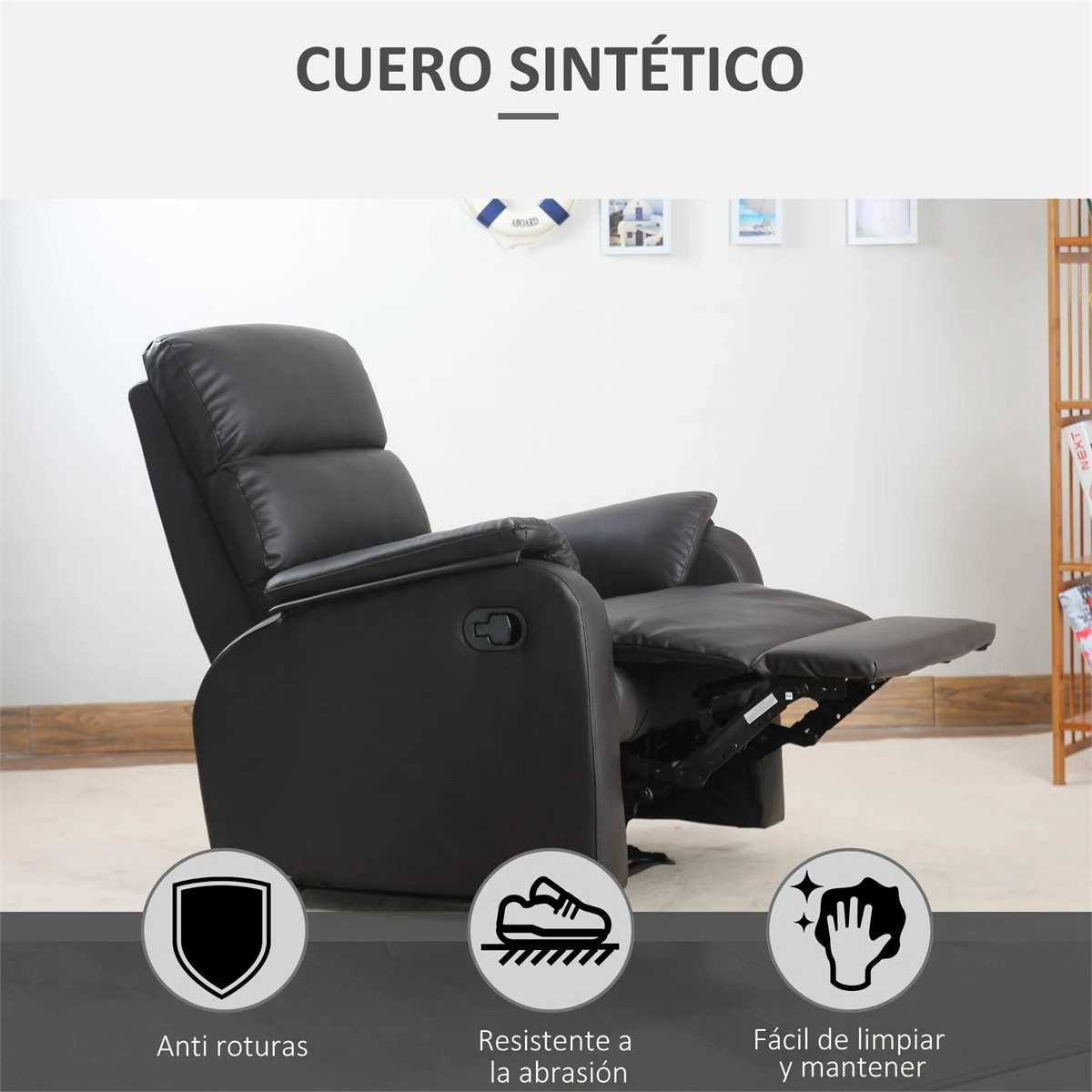 HOMCOM Sillón Relax Reclinable Manual Tapizado En PU Con Reposapiés Retráctil Asiento Y Respaldo Extra Acolchados Para Salón Oficina Dormitorio 75x92x99 Cm Marrón 8 HOMCOM Sillón Relax Reclinable Manual Tapizado En PU Con Reposapiés Retráctil Asiento Y Respaldo Extra Acolchados Para Salón Oficina Dormitorio 75x92x99 Cm Marrón - Imagen 6