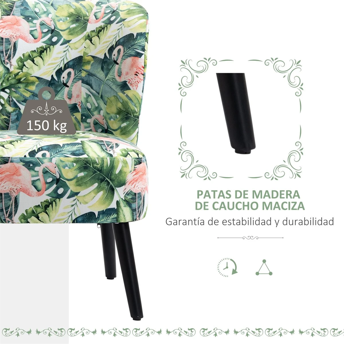 HOMCOM Butaca Sillón De Comedor Salón Sin Brazos Silla Individual Con Asiento Acolchado Con Tacto Aterciopelado Y Patas De Madera 58x69x78 Cm Estampado Flamencos 8 HOMCOM Butaca Sillón De Comedor Salón Sin Brazos Silla Individual Con Asiento Acolchado Con Tacto Aterciopelado Y Patas De Madera 58x69x78 Cm Estampado Flamencos - Imagen 6