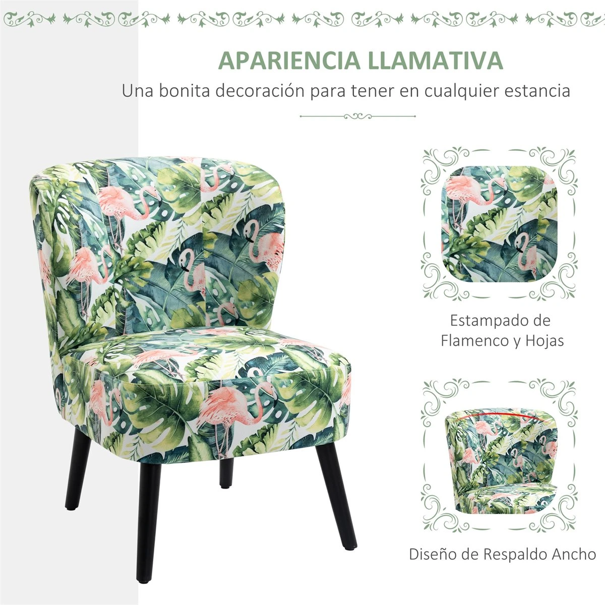 HOMCOM Butaca Sillón De Comedor Salón Sin Brazos Silla Individual Con Asiento Acolchado Con Tacto Aterciopelado Y Patas De Madera 58x69x78 Cm Estampado Flamencos 6 HOMCOM Butaca Sillón De Comedor Salón Sin Brazos Silla Individual Con Asiento Acolchado Con Tacto Aterciopelado Y Patas De Madera 58x69x78 Cm Estampado Flamencos - Imagen 4