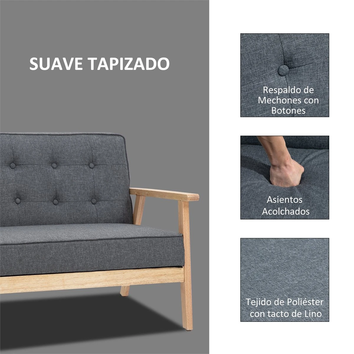 HOMCOM Sofá De 2 Plazas Con Respaldo Y Cojines Acolchados Patas De Madera Antideslizantes Botones Con Mechones Salón Dormitorio Oficina 114x66x69 Cm Gris 6 HOMCOM Sofá De 2 Plazas Con Respaldo Y Cojines Acolchados Patas De Madera Antideslizantes Botones Con Mechones Salón Dormitorio Oficina 114x66x69 Cm Gris - Imagen 4