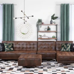 Sofá Cama Esquinero 5 Plazas En Piel Sintética Marrón Con Reposapiés Izquierdo ABERDEEN