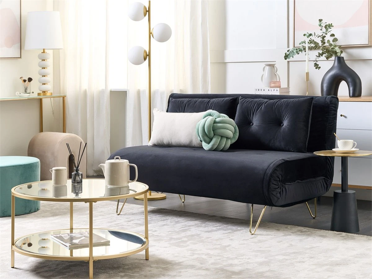 Sofá Cama 2 Plazas De Terciopelo Negro/dorado VESTFOLD 3 Sofá Cama 2 Plazas De Terciopelo Negro/dorado VESTFOLD