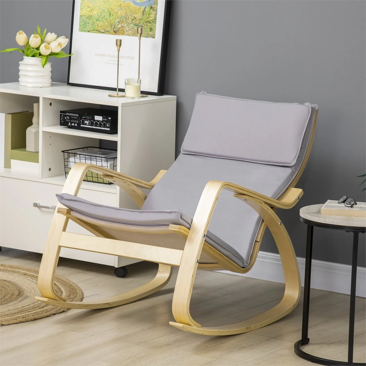 HOMCOM Silla Mecedora Tapizada En Tela Sillón Balancín Relax Con Cojín Desenfundable Reposabrazos Y Pies De Madera De Abedul Para Salón Dormitorio 67x97x84 Cm Gris 4 HOMCOM Silla Mecedora Tapizada En Tela Sillón Balancín Relax Con Cojín Desenfundable Reposabrazos Y Pies De Madera De Abedul Para Salón Dormitorio 67x97x84 Cm Gris - Imagen 2