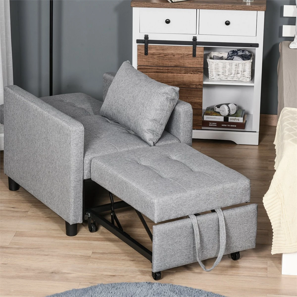 HOMCOM Sofá Cama Individual Sillón Con Respaldo Reclinable Cojín Desenfundable Asiento Acolchado Y 4 Ruedas 69x77x84 Cm Gris 9 HOMCOM Sofá Cama Individual Sillón Con Respaldo Reclinable Cojín Desenfundable Asiento Acolchado Y 4 Ruedas 69x77x84 Cm Gris - Imagen 7