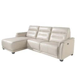 Sofá Chaise Longue (L) Tapizado En Piel De Origen Vacuno Color Gris Taupe Con Mecanismo Relax Eléctrico En Un Asiento. Patas De PVC Efecto Wengué.