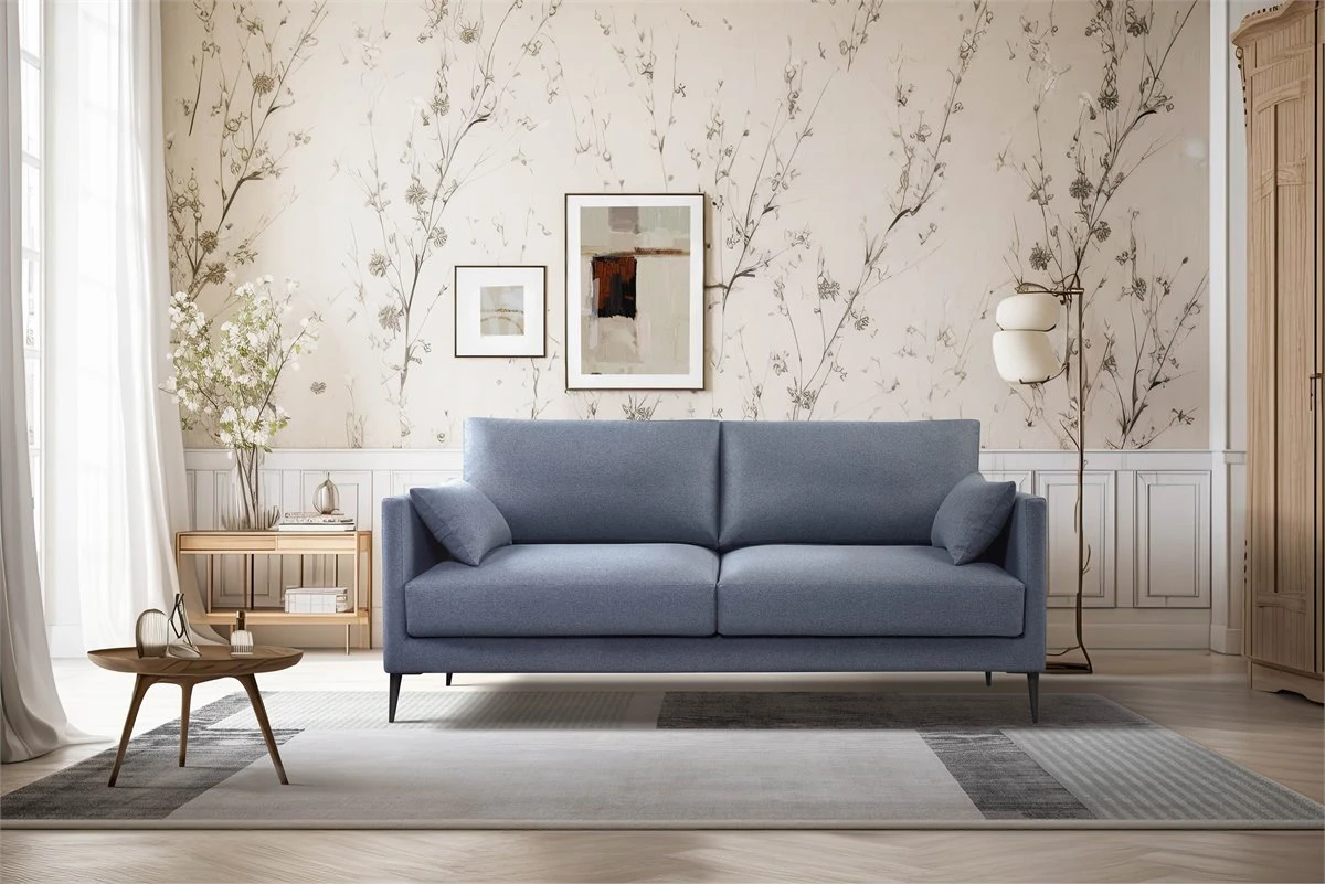 Sofa De 3 Plazas NERO En Tela Con Patas Metalicas Azul 4 Sofa De 3 Plazas NERO En Tela Con Patas Metalicas Azul - Imagen 2