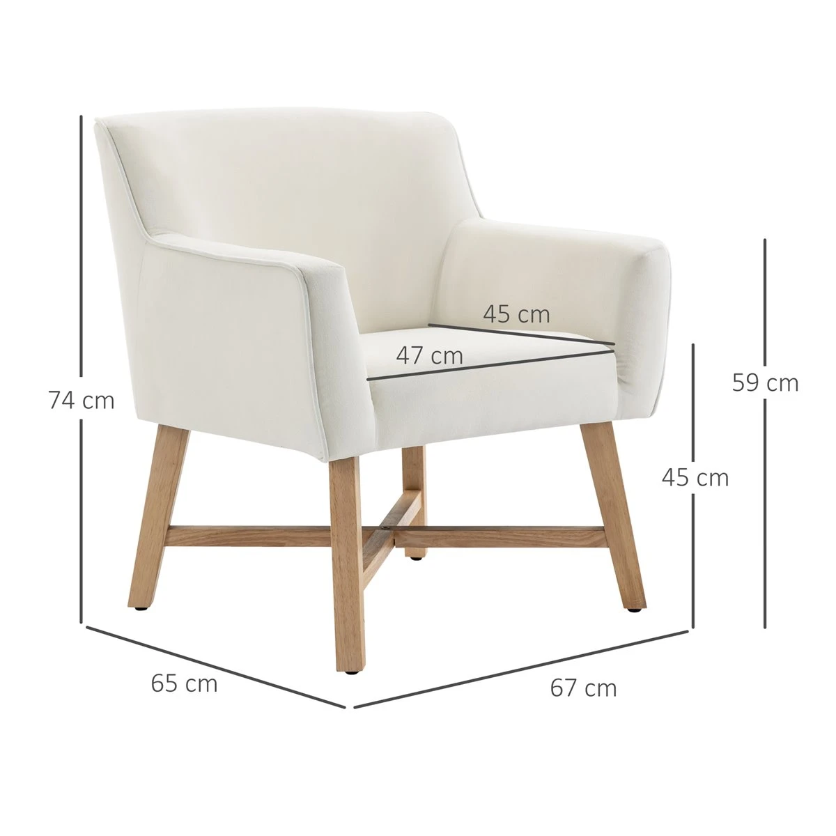 HOMCOM Butaca De Salón Tapizada En Terciopelo Sillón Relax Moderno Con Asiento Reposabrazos Acolchados Patas De Madera Y Base Cruzada Para Dormitorio 67x65x74 Cm Blanco 5 HOMCOM Butaca De Salón Tapizada En Terciopelo Sillón Relax Moderno Con Asiento Reposabrazos Acolchados Patas De Madera Y Base Cruzada Para Dormitorio 67x65x74 Cm Blanco - Imagen 3
