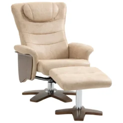 HOMCOM Sillón De Salón Con Otomana Reposapiés Tapizado En Microfibra Sillón Relax Reclinable Hasta 135° Y Giratorio 360° Con Respaldo Ajustable Para Salón Oficina 78x83x103 Cm Beige