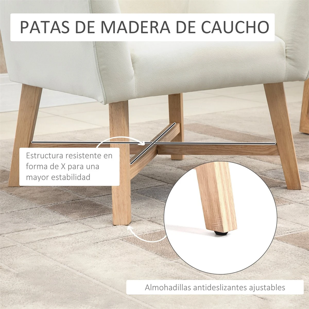 HOMCOM Butaca De Salón Tapizada En Terciopelo Sillón Relax Moderno Con Asiento Reposabrazos Acolchados Patas De Madera Y Base Cruzada Para Dormitorio 67x65x74 Cm Blanco 7 HOMCOM Butaca De Salón Tapizada En Terciopelo Sillón Relax Moderno Con Asiento Reposabrazos Acolchados Patas De Madera Y Base Cruzada Para Dormitorio 67x65x74 Cm Blanco - Imagen 5