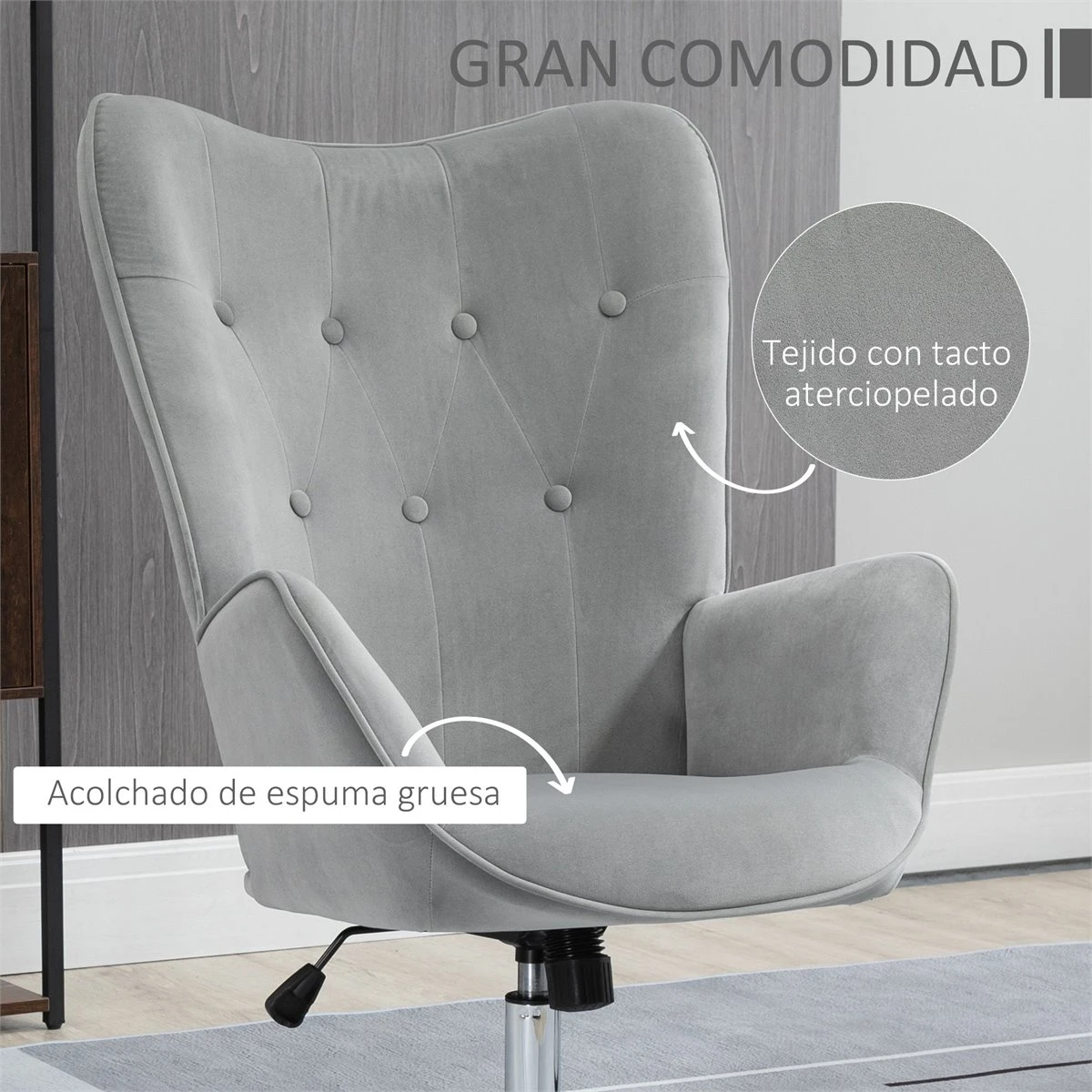 HOMCOM Sillón Individual Tapizado En Terciopelo Sillón De Salón Con Altura Ajustable Reposabrazos Giratorio 360° Para Oficina Estudio Dormitorio 66x73x102,5-111,5 Cm Gris 6 HOMCOM Sillón Individual Tapizado En Terciopelo Sillón De Salón Con Altura Ajustable Reposabrazos Giratorio 360° Para Oficina Estudio Dormitorio 66x73x102,5-111,5 Cm Gris - Imagen 4