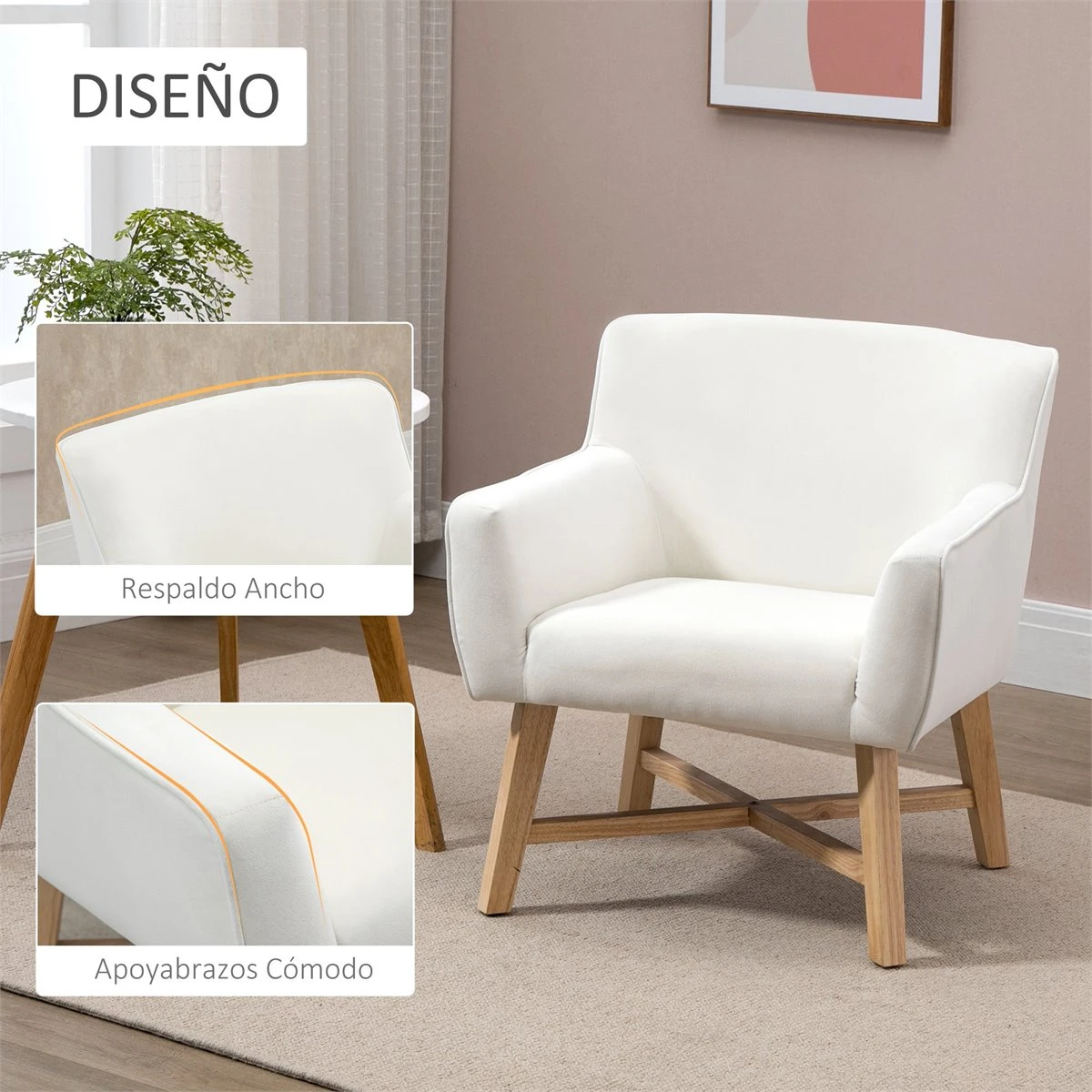 HOMCOM Butaca De Salón Tapizada En Terciopelo Sillón Relax Moderno Con Asiento Reposabrazos Acolchados Patas De Madera Y Base Cruzada Para Dormitorio 67x65x74 Cm Blanco 8 HOMCOM Butaca De Salón Tapizada En Terciopelo Sillón Relax Moderno Con Asiento Reposabrazos Acolchados Patas De Madera Y Base Cruzada Para Dormitorio 67x65x74 Cm Blanco - Imagen 6