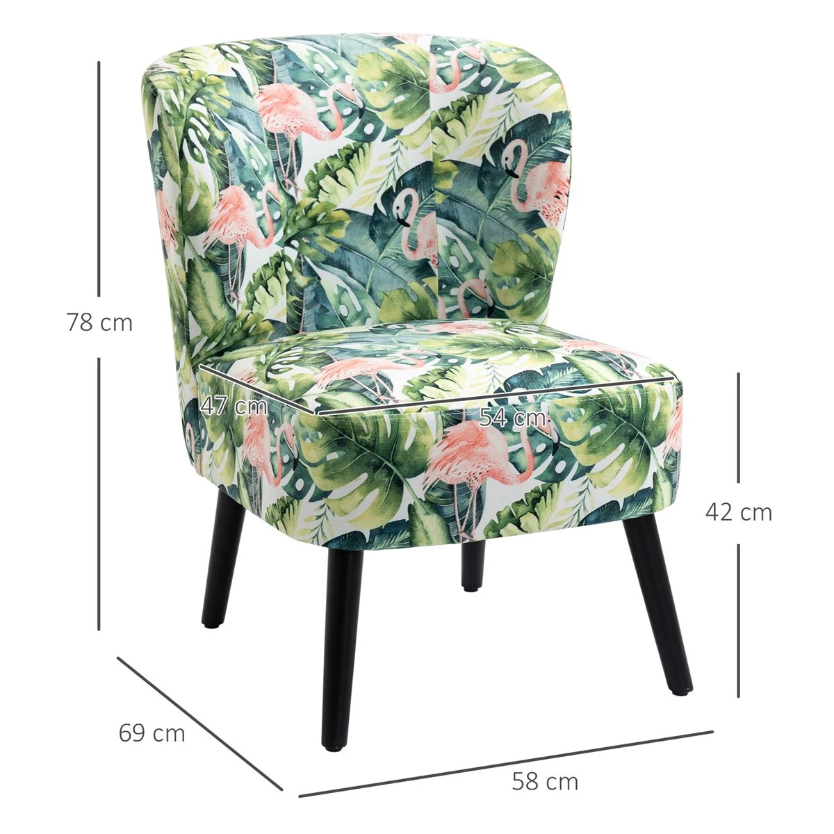 HOMCOM Butaca Sillón De Comedor Salón Sin Brazos Silla Individual Con Asiento Acolchado Con Tacto Aterciopelado Y Patas De Madera 58x69x78 Cm Estampado Flamencos 5 HOMCOM Butaca Sillón De Comedor Salón Sin Brazos Silla Individual Con Asiento Acolchado Con Tacto Aterciopelado Y Patas De Madera 58x69x78 Cm Estampado Flamencos - Imagen 3