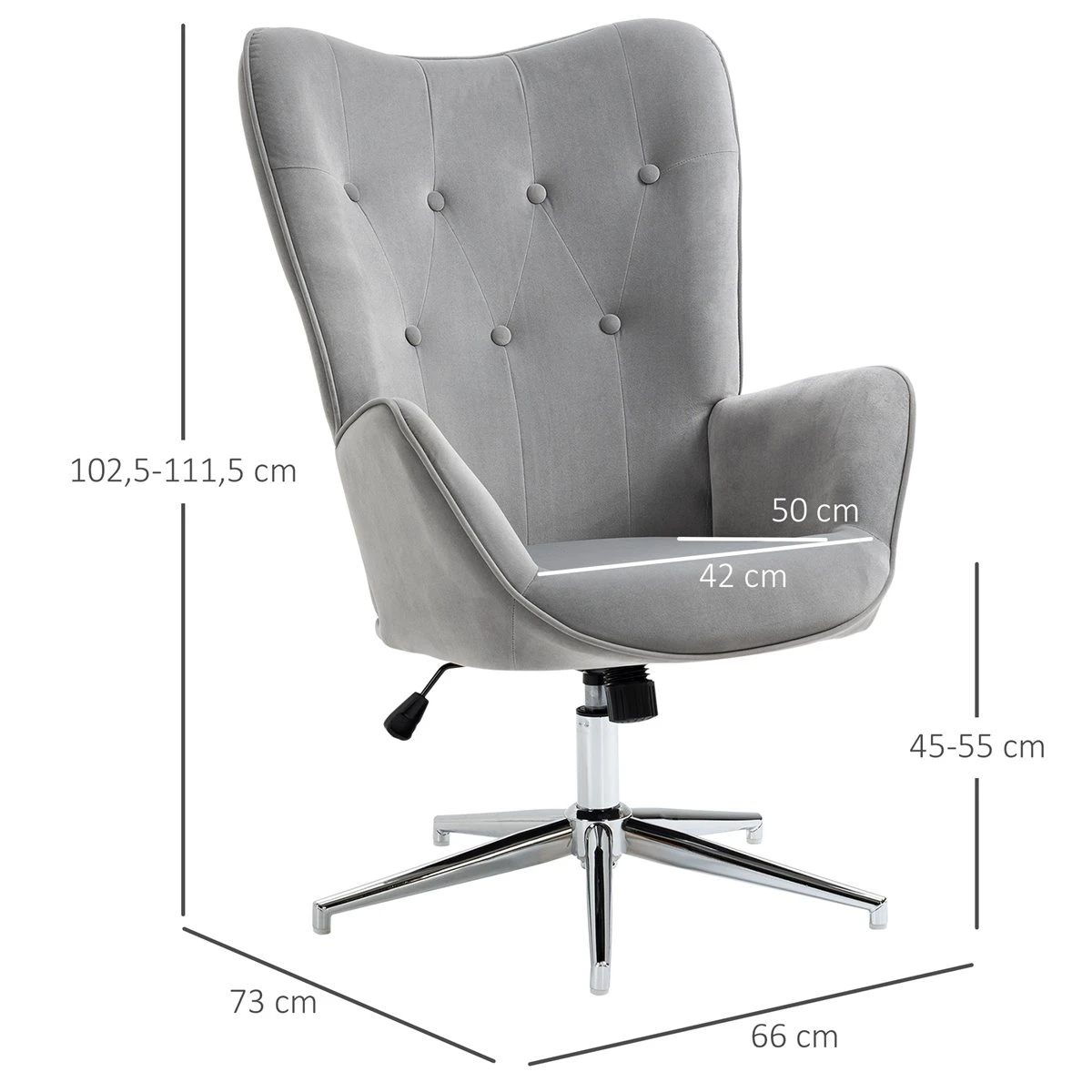 HOMCOM Sillón Individual Tapizado En Terciopelo Sillón De Salón Con Altura Ajustable Reposabrazos Giratorio 360° Para Oficina Estudio Dormitorio 66x73x102,5-111,5 Cm Gris 5 HOMCOM Sillón Individual Tapizado En Terciopelo Sillón De Salón Con Altura Ajustable Reposabrazos Giratorio 360° Para Oficina Estudio Dormitorio 66x73x102,5-111,5 Cm Gris - Imagen 3
