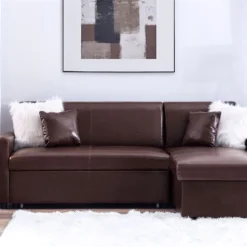 Sofá Esquinero 3 Plazas De Poliéster Marrón Oscuro Izquierdo OGNA